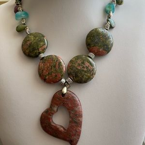 Handmade unakite jasper and other natural stones necklace 16”